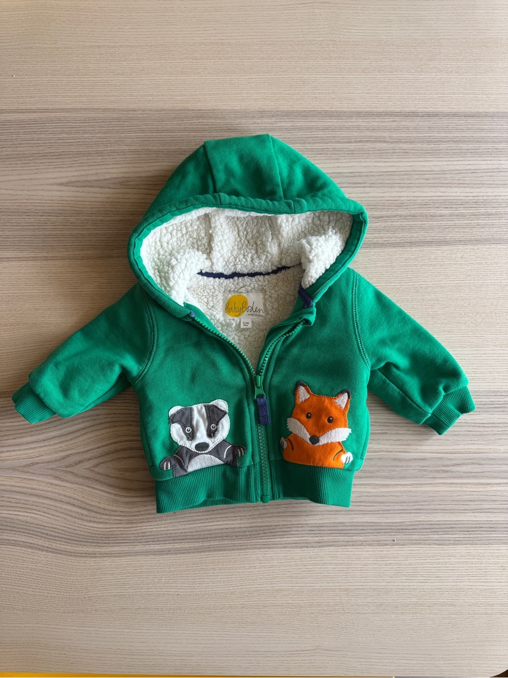 Baby Boden Green Hooded Sweatshirt with Fox & Badger Applique
